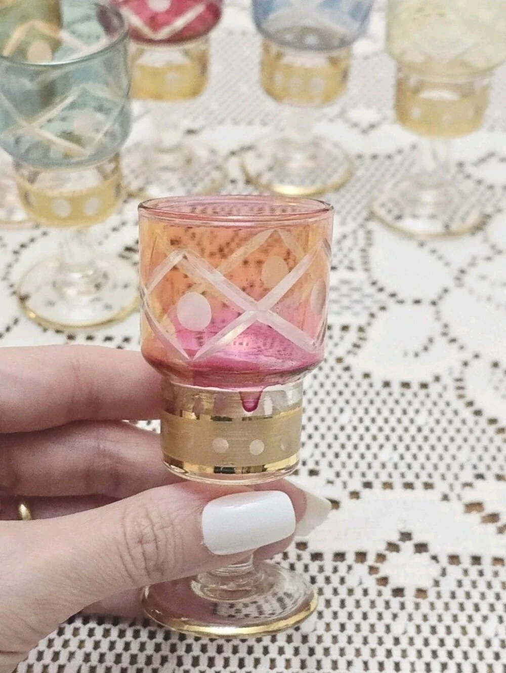 Set of 6 MCM Vintage Cordial Stem Shot Glasses Boho Etched Glass Colorful Gold